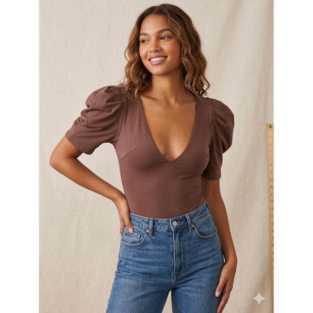 Free People Intimately Deep V-Neck Puff Sleeve Bodice Brown Small OB1125217